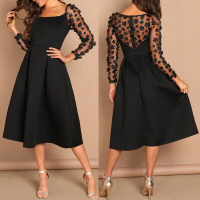 

Tailored Women Sexy Perspective Applique Mesh Long Sleeve Pleated Zipper Slim Fit Dresses