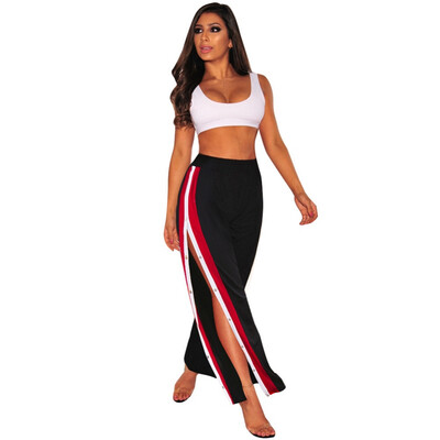 

Casual Satin Pants Side Button Striped Split Pants Women Black High Waist Straight Sweatpants Pantalon Femme Streetwear