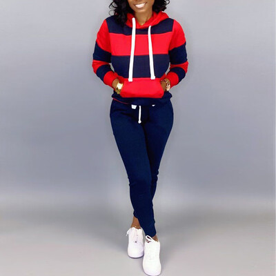 

Toponeto Women Sexy Long Sleeve Stripe Patchwork Hooded Blouse TopsLong Pants Suit Sets