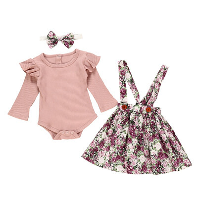 

Autumn Baby Girl Clothes Set Long Flare Sleeve Romper Tops Floral Strap Skirt Headband Outfits Clothing Set for Baby Girl