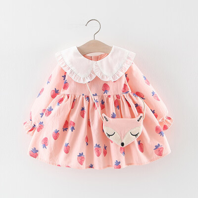 

New Autumn 2 Colors Casual Baby Girls Long Sleeve Strawberry Dress Kids Sundress With Animal Bag