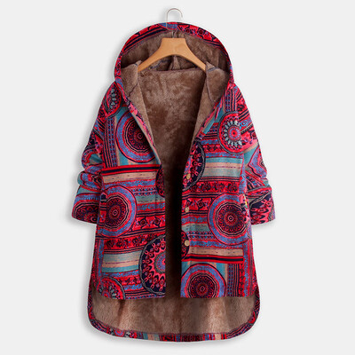 

Tailored Women Vintage Ethnic Print Quilted Fleece Hooded Long Sleeve Button Winter Coat