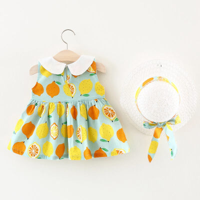 

2pcs Summer Turn-down Bow Baby Dress Free hat Girls Clothe Slip Infant Princess Girl Dresses Birthday Gifts