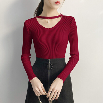 

2019 Sweater Women V-Neck Sexy New Autumn Winter Knitting Casual Long Sleeve Solid Color Sweater Loose Female Sweaters