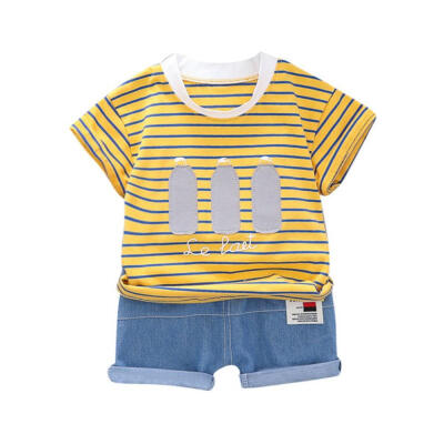 

Summer Kids Boys Short Sleeve Stripe Letter Print T-shirtDenim Shorts Children Casual Outfits Sets 6M-4T