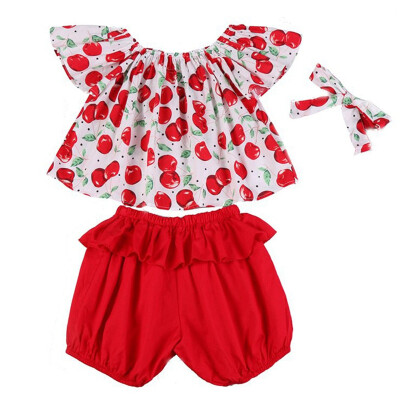 

Kids Clothes Baby Girls Clothes Casual Cherry Pattern Off Shoulder Sleeve Tops BlouseShortsHeadband Suits Costume Set