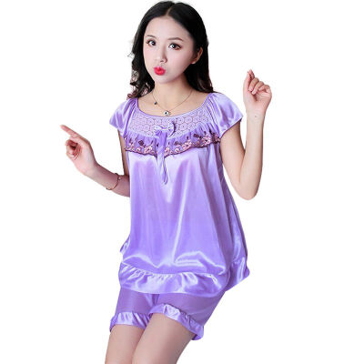 

Summer Thin Pijamas Women Lace Sexy Plus Size Plain Simulation Silk Spandex Tops Sleepwear Romantic Shorts Two Sets -XL