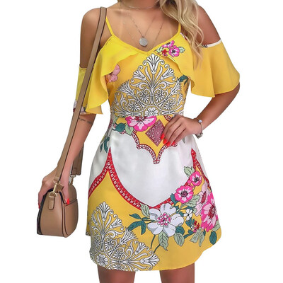 

2019 Fashion Women Summer Off Shoulder Halter Dress Sexy Bodycon Floral Print Short Dresses