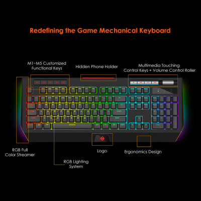 

Ajazz AK525 Mechanical Keyboard RGB Light USB Wired Gaming Backlit Keyboard with Phone Holder Multimedia Roller Programmable 114 K