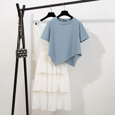 

Casual Womens Sets Sweet Solid Color O-Neck Short Sleeve Fashion Irregular T-Shirt Mid-Calf Cake Skirt Summer Sweet 2pcs
