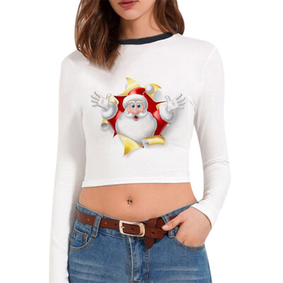 

Christmas T-shirt Santa Claus Christmas Tree Print Multiple Choices Long-Sleeve Cropped tshirt New Hot Women Clothes