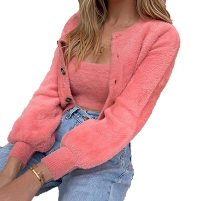 

Women Fashion Two Piece Long Sleeve Cardigan And Spaghetti Strap Tops Fluffy Soft Winter Warm Sweater