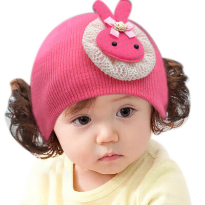 

Newborn Cute Baby Hat Toddler Baby Warm Knit Hat Girls Caps Cartoon Bowknot Cap Girls Fake Hair Wig Hats Kids Headwear