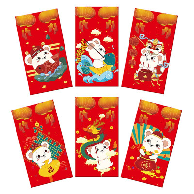 

6 PcsPack Chinese Fortune Rat Year Red Envelope Cute Cartoon Pattern Children New Year Red Pocket For Kids Gift