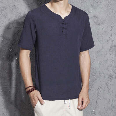 

Toponeto Mens Linen Short Sleeve Solid Color Crew Neck Loose Casual T Shirt Blouse