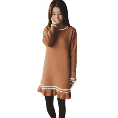 

Simple casual fashion solid color sweater Slim ruffled long sweater round neck long sleeve womens bottoming sweater