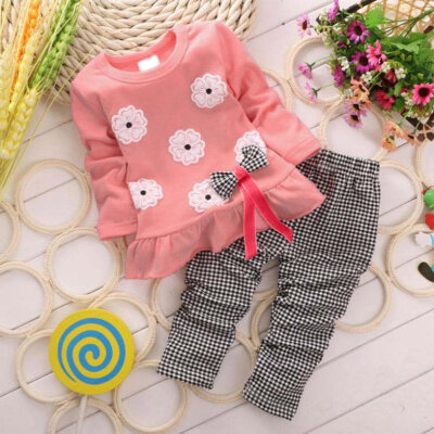 

2pcs Spring Fall Girls Clothing Set Baby Kid Casual Long-sleeved Floral t-shirt Plaid Long Pants