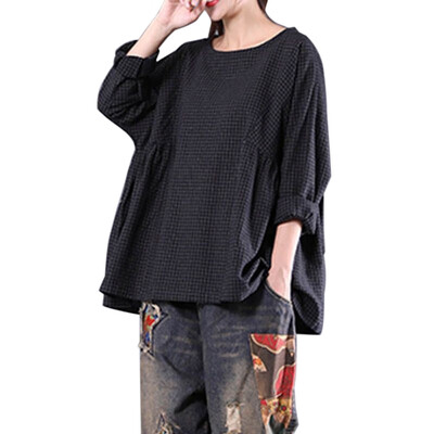 

EFINNY New Women Round Neck Long Sleeve Loose Blouse Vingtage Plaid Shirt Blusas Autumn Oversized Tops -3XL New