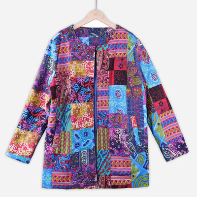 

Toponeto Women Vintage Ethnic Style Floral Print Long Sleeve Plus Size Cotton Jacket Coat