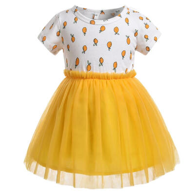 

1-6 T Children Girls Dress Printed Small Lemon Short Sleeve Yellow Mesh Dress Princess Cotton O-Neck Dress