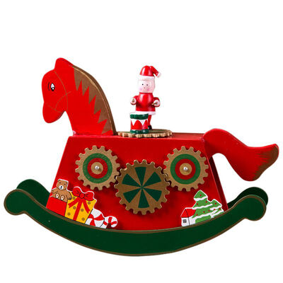 

Color Painted Wooden Rocking Horse Christmas Music Box Christmas Decoration Ornament Holiday Gift For Children