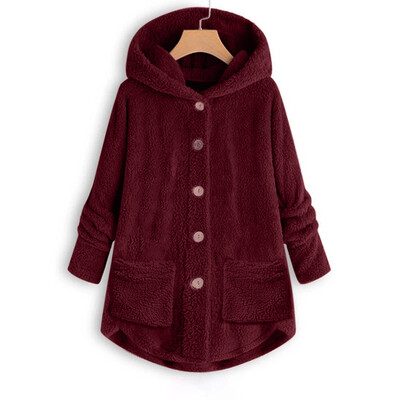 

Toponeto Women Plus Size Button Plush Tops Hooded Loose Cardigan Wool Coat Winter Jacket
