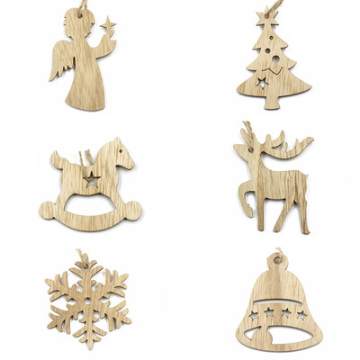 

6Pcs Christmas Snowflakes Tree Elk Horse Bell Wooden Pendants Xmas Hanging Home Decor