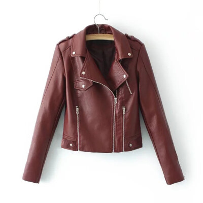 

Toponeto Womens Casual Solid Color Lapel Zipper Long Sleeve Leather Jacket Coat