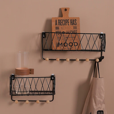 

Nordic Iron Art Grid Wall Hanging Shelf Creative Househld Wall Storage Rack with Hooks Door Key Holder