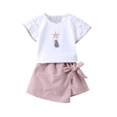 

Hot Summer Baby Girl Casual Short Sleeve Cotton Tops T-shirt Plaid Pattern Skirt Shorts Outfits Set