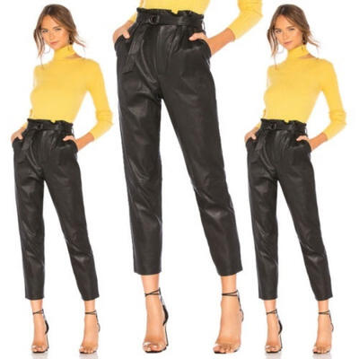 

Womens High Waist Paperbag PU Leather Trousers Ladies Party Cigaratte Pants