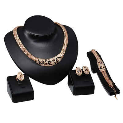 

European Exaggerated Punk Colorful Rhinestone Necklace Bracelet Rings Earrings Gold Plated Set