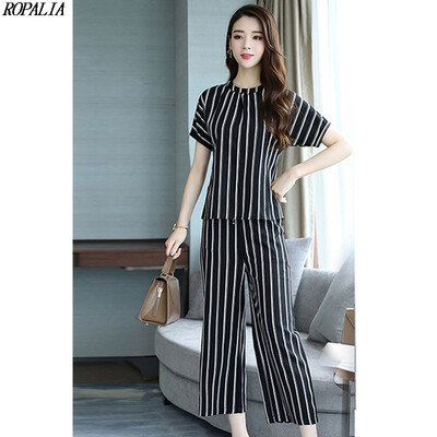 

Womens Fashion Korean Style Striped T-Shirt Loose Calf-Length Wide Leg Pants Set Short Sleeves O-Neck Pullover Elastic Waist