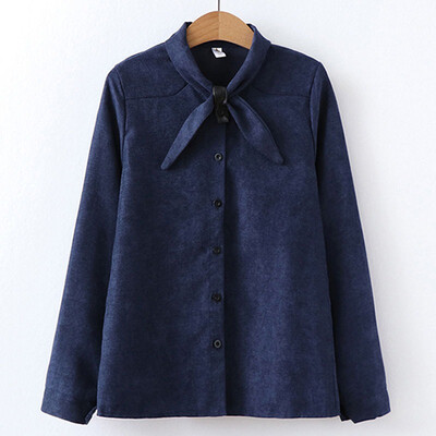 

Sweet Women Bow Tie Collar Long Sleeve Corduroy Autumn Spring Blouses Buttons Fresh Solid Color Shirts Female casual Tops
