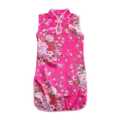 

WEIXINBUY Chinese Style Dress Girls Sweet Princess Dresses Cute Sleeveless Floral Print Vestidos