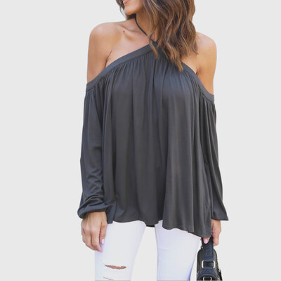 

Women Halter Solid Top Hanging Neck Strapless Shoulder Long Sleeve T-Shirt Fashion Female Leisure Casual Cotton Loose Sexy Tops