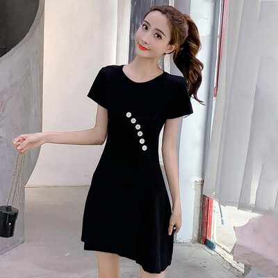 

Sexy Temperament Women Dress Solid Color Wild Round Collar Strap Waist Slim Shirts Short Sleeve Pleat Casual Female Dress