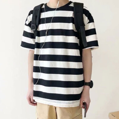 

Striped Loose Short-sleeved Cotton T-shirt Mens Shirt Half-sleeved T-shirts Clothing of Man