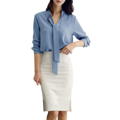 

Spring New Women Blouses Elegant Long-Sleeved Long Tie Loose Chiffon Shirt Solid Color Blusas