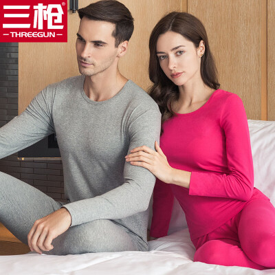 

Three guns cotton Lycra mens&womens thermal underwear sets of skin soft cotton Lycra round neck Slim men&women Qiuyi Qiuku set womens rose red