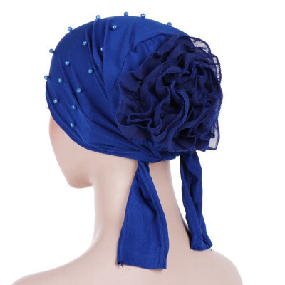 

New Solid Color Beaded Large Flower Stretch Headscarf Muslim Turban Hat Chemo Cap Hair