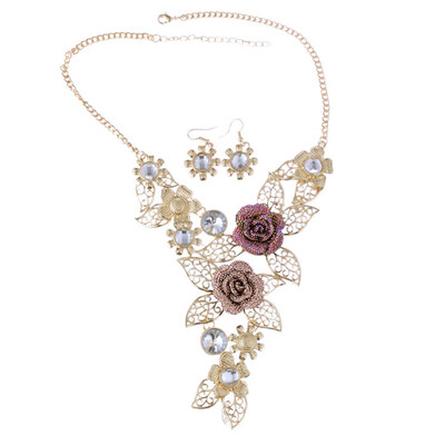 

Personality Retro Gold Necklace Alloy Hollow Flower Diamond Necklace Earrings