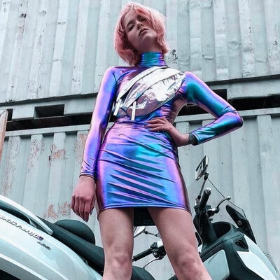 

Women Sexy Dress High Neck Reflective Long Sleeve Night Club Bodycon Mini Dress Casual Streetwear SilverPurple