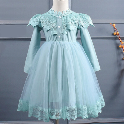 

Princess Dress Autumn Casual Baby Girls Lace Design Long Sleeve Patchwork Mesh Dress Kids Toddler Pageant Sundress