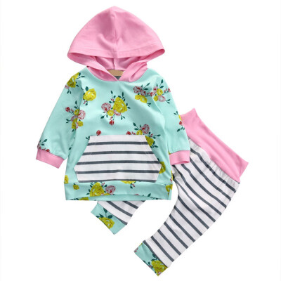 

Autumn Toddler Baby Girls Long Sleeve Floral Striped Print Hoodie Patchwork Sweatshirt TopsPants Trouser Costume Set