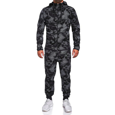 

Toponeto Mens Autumn Print Zipper Sweatshirt Hooded Top Pants Sets Sports Suit Tracksuit