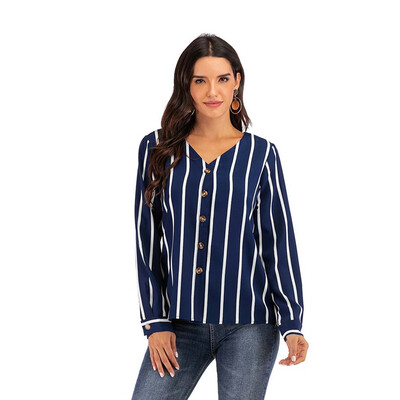 

Tailored Women Casual Stripe V neck Long Sleeve Blouse Loose Top Ladies Button Down Shirt