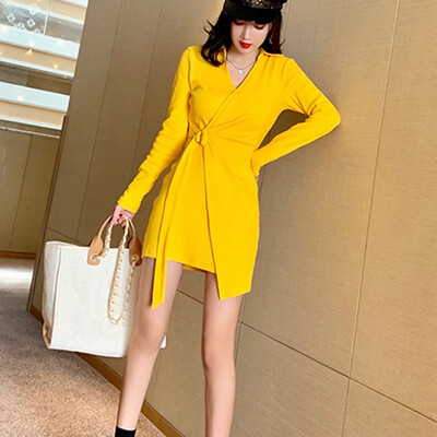 

Women V neck Robe Sexy Long Sleeve Irregular Mini Dress Plunge Bodycon Belt Korean Solid Color Autumn Club Night Vestidos