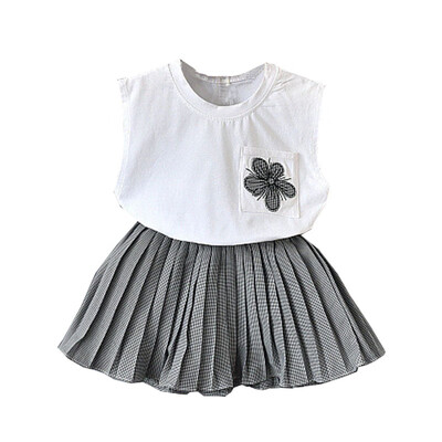 

Children Clothing Girls Clothes Set Casual Summer Sleeveless T-shirt VestPlaid Skirts Suits 2Pcs Costume Set