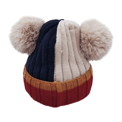 

Newborn Cute Winter Warm Kids Baby Ball Design Hats Patchwork Knitted Wool Hemming Caps